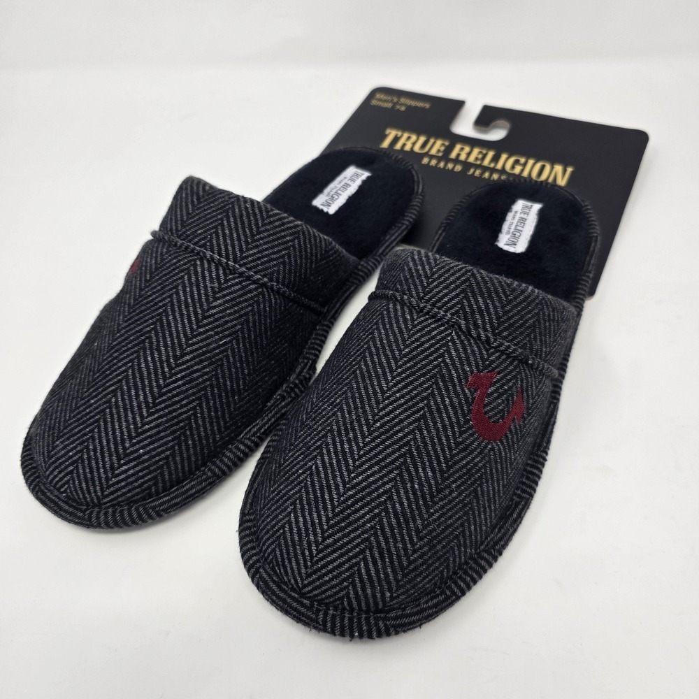 True Religion Slippers Mens Size 7-8 Small Gray Herringbone‎ Slip On Fleece